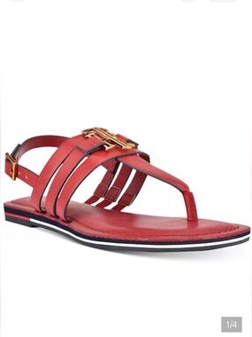 Tommy Hilfiger Sherlie All Red Strappy Thong Flat Sandals
